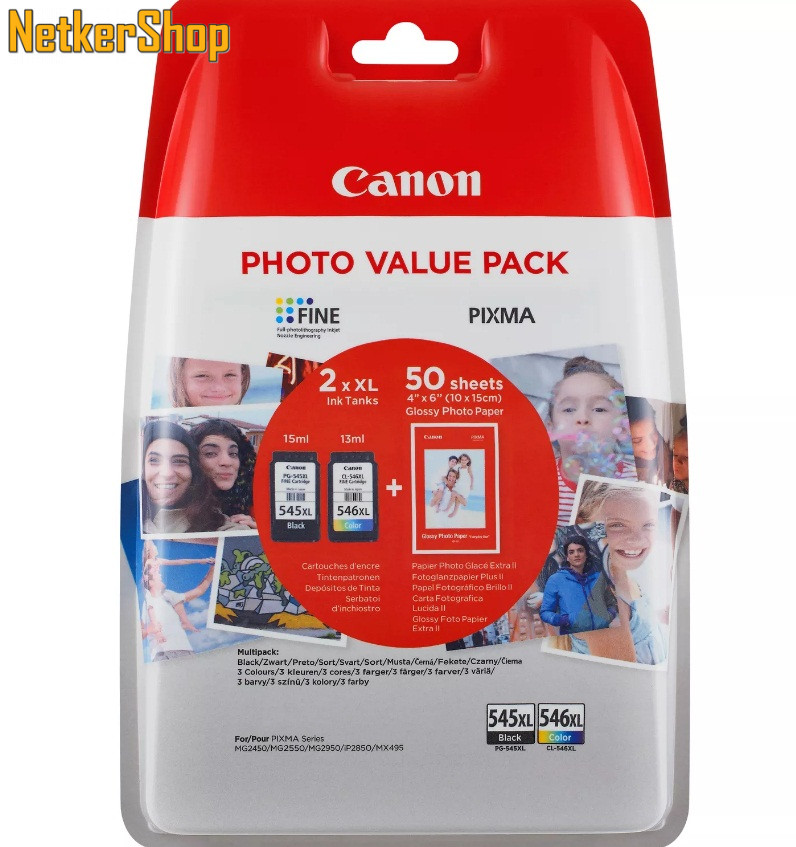 Image of Canon PG-545XL/CL-546XL Multipack fekete+színes (8286B006) eredeti tintapatron + 50db fotópapír (1 év garancia)