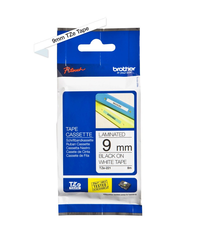 Image of Brother TZE-221 öntapadós laminált fehér alapon fekete P-touch szalag