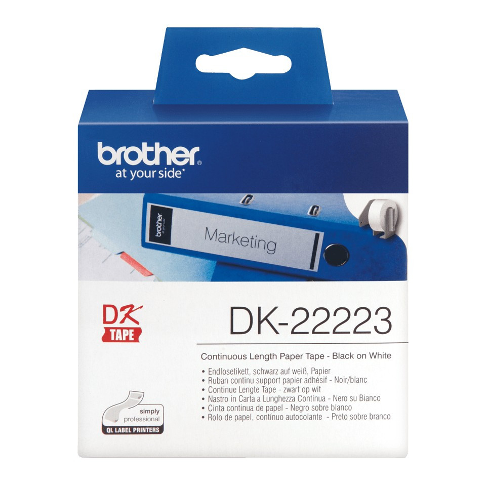 Image of Brother DK-22223 öntapadós folytonos fehér alapon fekete papírszalag tekercs
