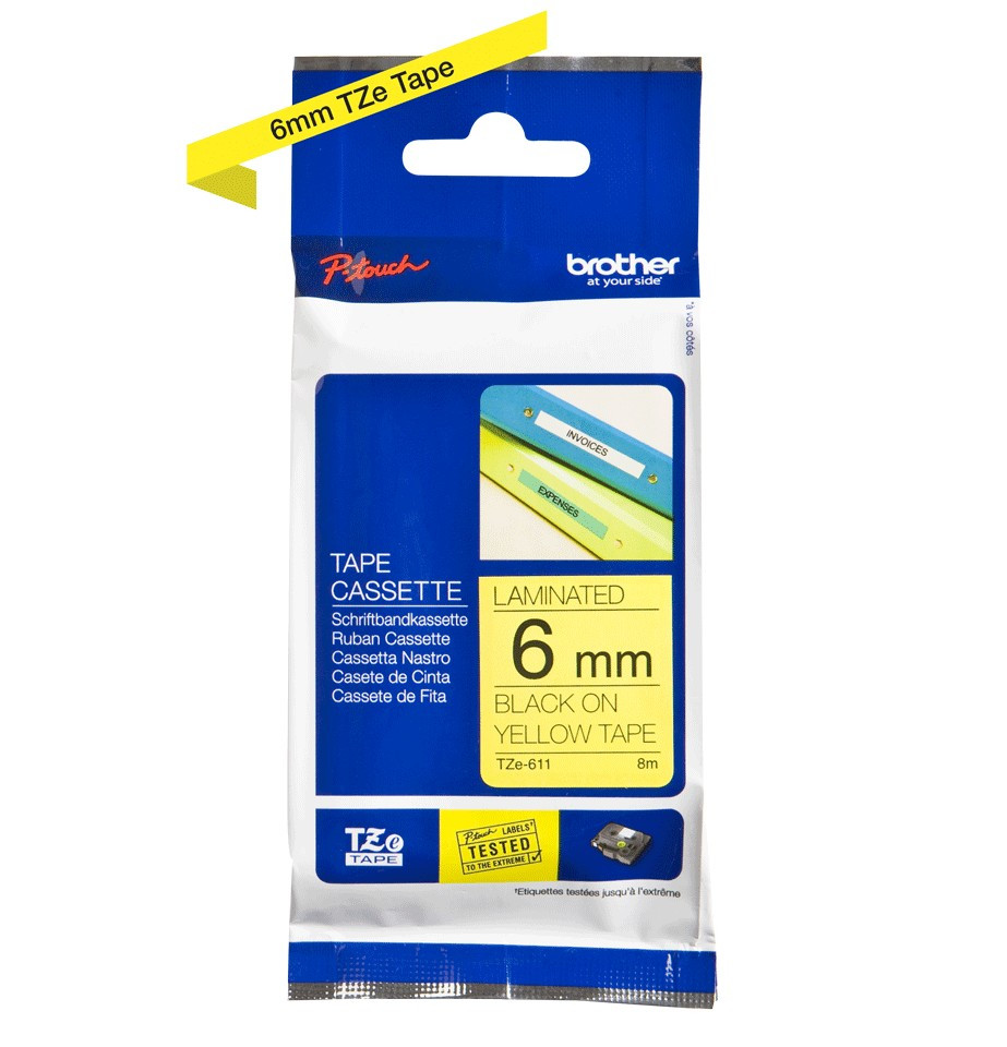 Image of Brother TZE-611 öntapadós laminált sárga alapon fekete P-touch szalag