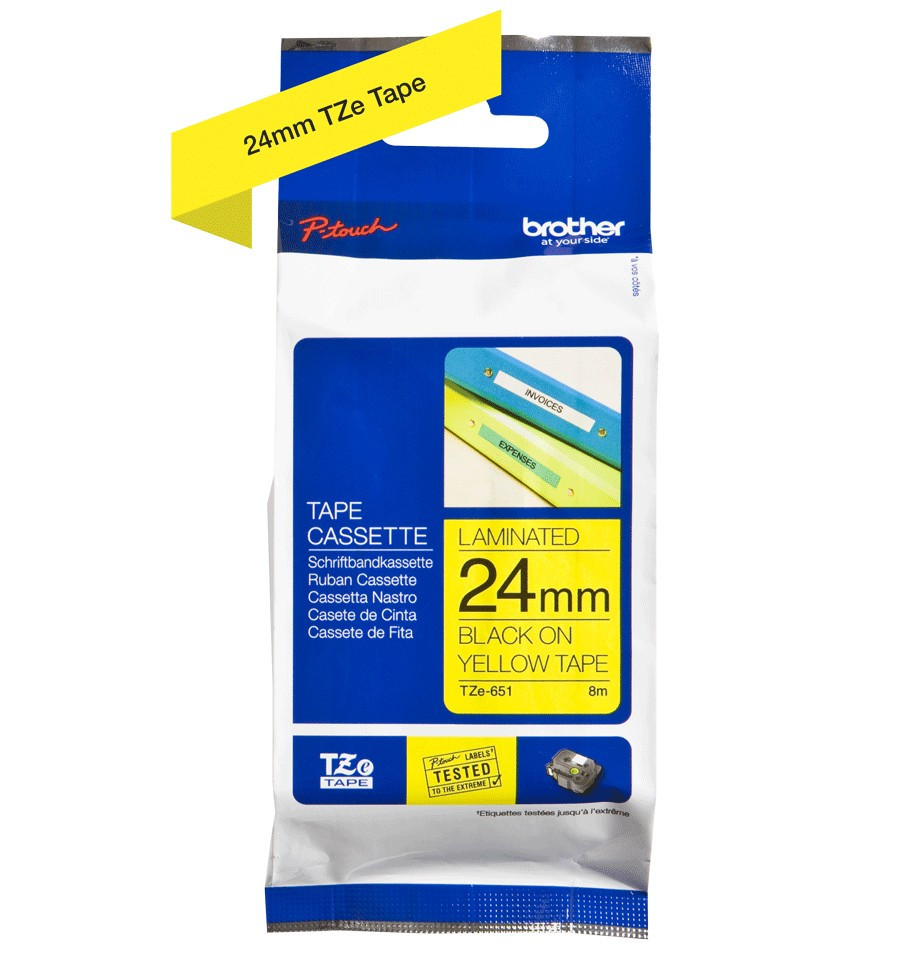Image of Brother TZE-651 öntapadós laminált sárga alapon fekete P-touch szalag