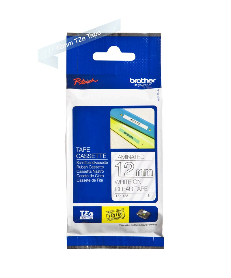 Image of Brother TZE-135 öntapadós laminált átlátszó alapon fehér P-touch szalag