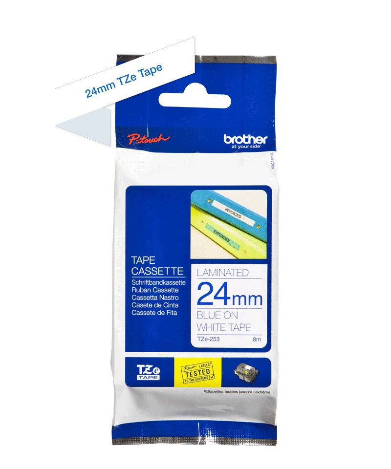 Image of Brother TZE-253 öntapadós laminált fehér alapon kék P-touch szalag