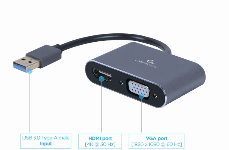 Image of USB3 / HDMI+VGA adapter kábel 0.15m szürke 4K Gembird (A-USB3-HDMIVGA-01)