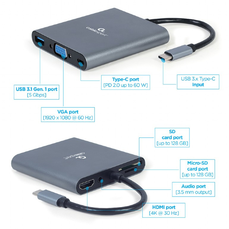 Image of Notebook dokkoló USB-C szürke Gembird (A-CM-COMBO6-01)