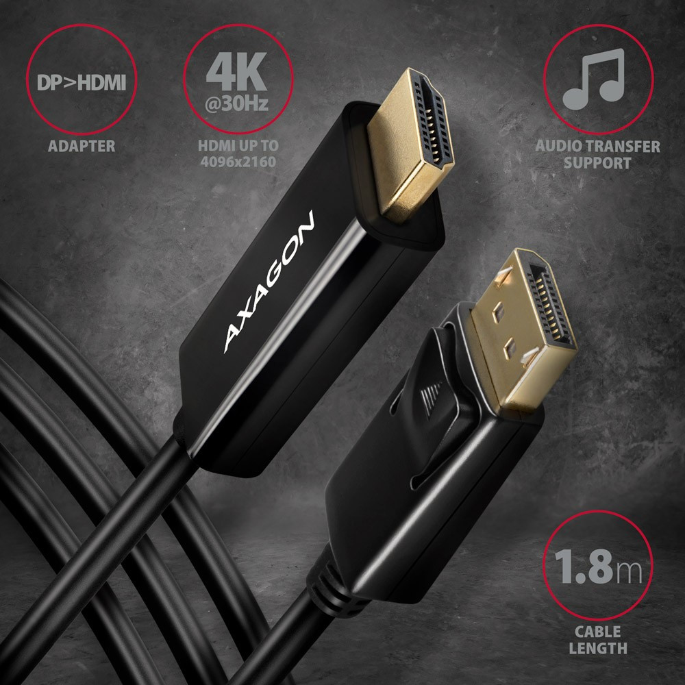 Image of DisplayPort / HDMI kábel aktiv 1.8m fekete 4K AXAGON (RVD-HI14C2)