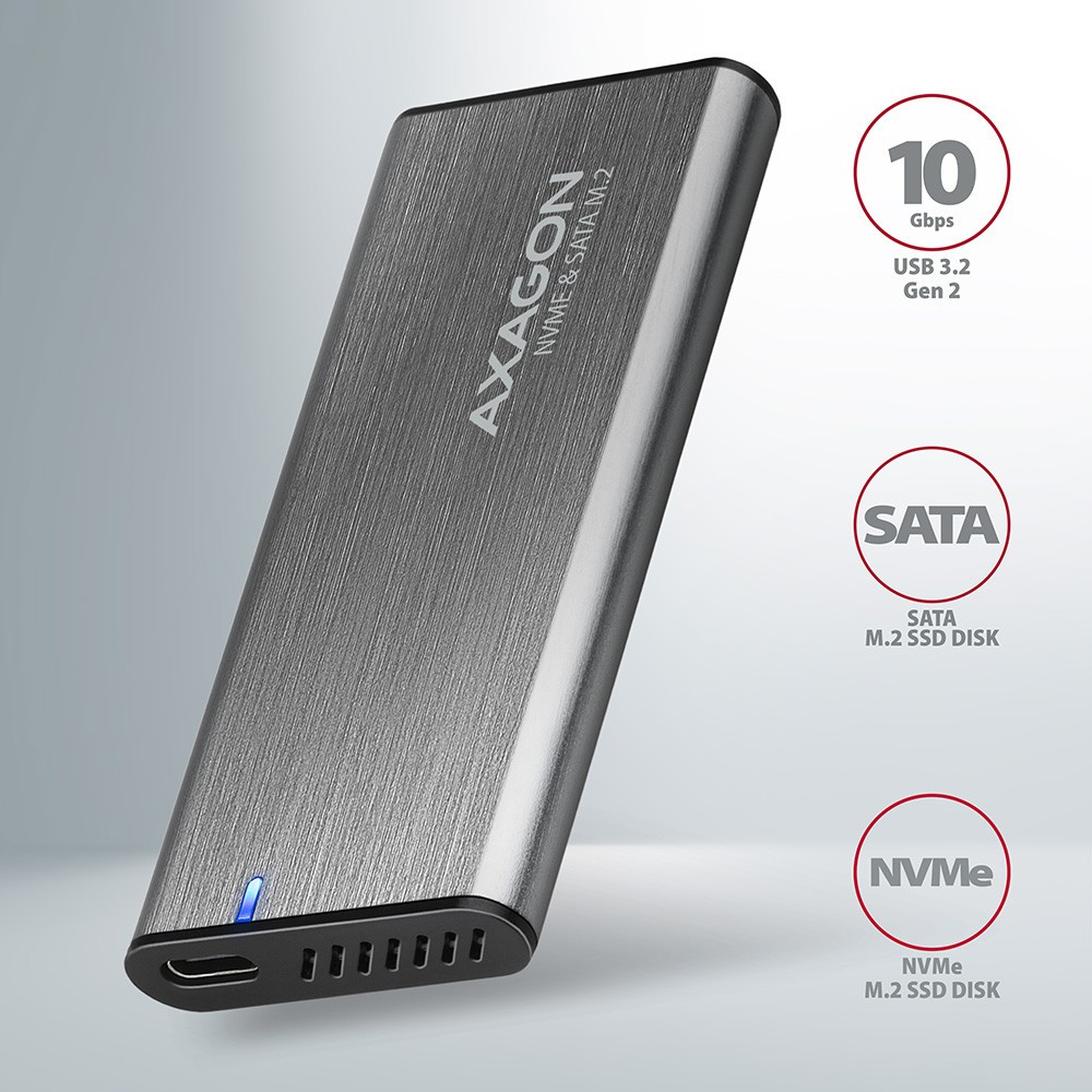 Image of NVMe SATA M.2 SSD külső ház mobilrack szürke USB-C 3.2 Gen2 csavarmentes AXAGON (EEM2-SG2)