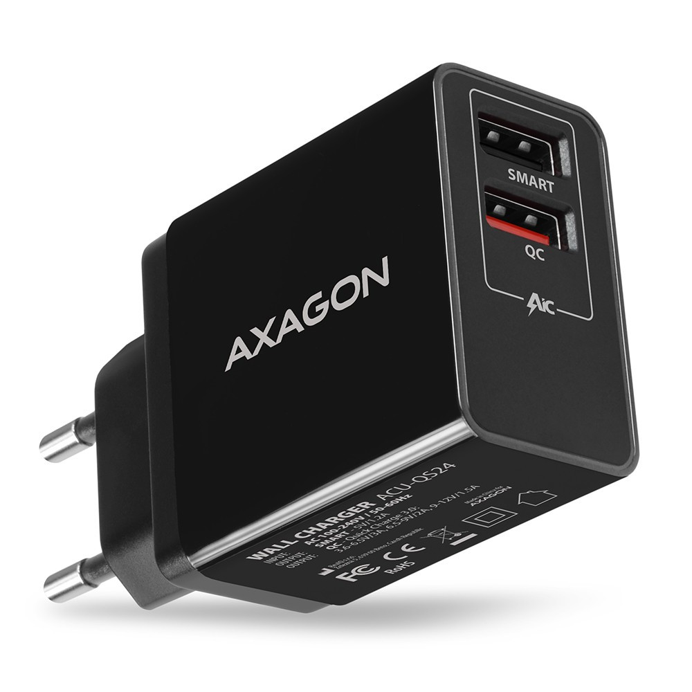 Image of Okostelefon hálózati töltő 2xUSB QC3 3.5A fekete AXAGON (ACU-QS24)