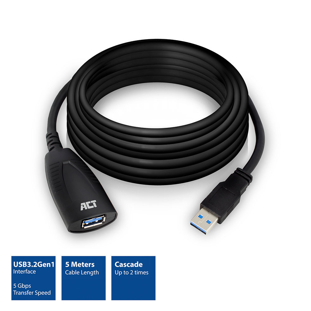 Image of USB 3.2 Gen1 hosszabbító kábel jelerősítős 5m fekete ACT (AC6105)