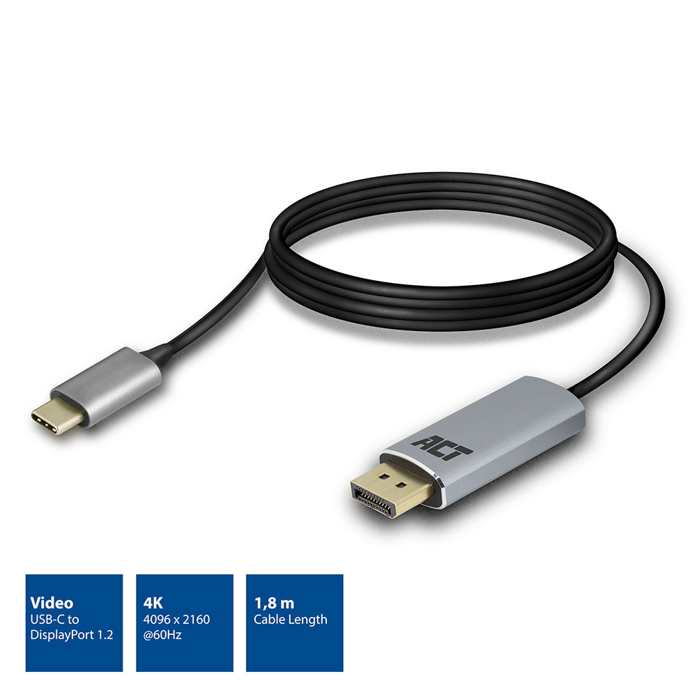 Image of USB-C 3.2 Gen1 / DisplayPort kábel 1.8m szürke 4K ACT (AC7035)